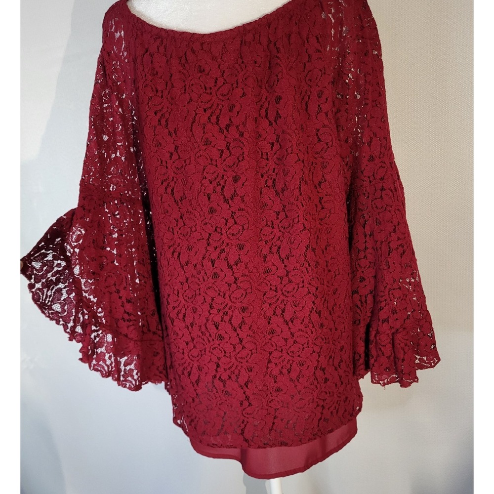 Forgotten Grace Burgundy Lace Off Shoulder Bell‎ Sleeve Top Women's Size L - Picture 8 of 8